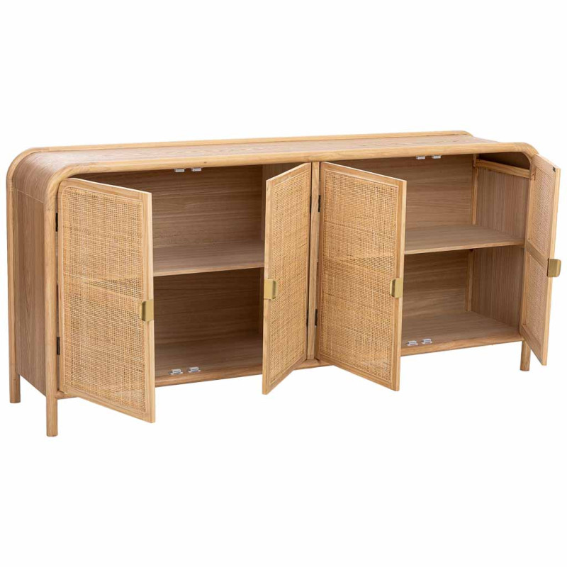 Buffet 4 portes bois clair et cannage rotin 180x40x82 cm Heraloro  - 3