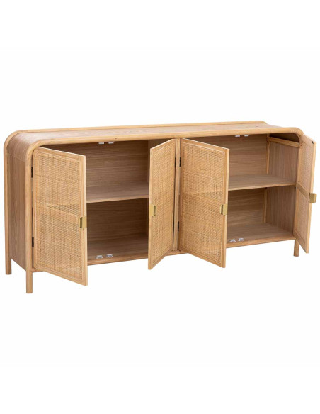 Buffet 4 portes bois clair et cannage rotin 180x40x82 cm Heraloro  - 3