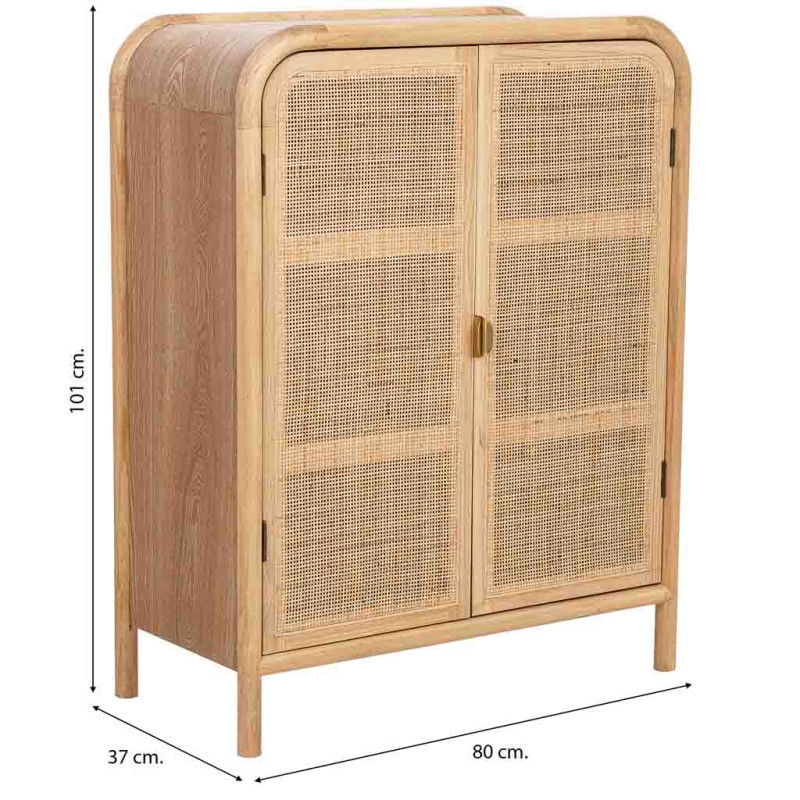 Buffet haut 2 portes bois clair et cannage rotin 80x37x101 cm Heraloro  - 8