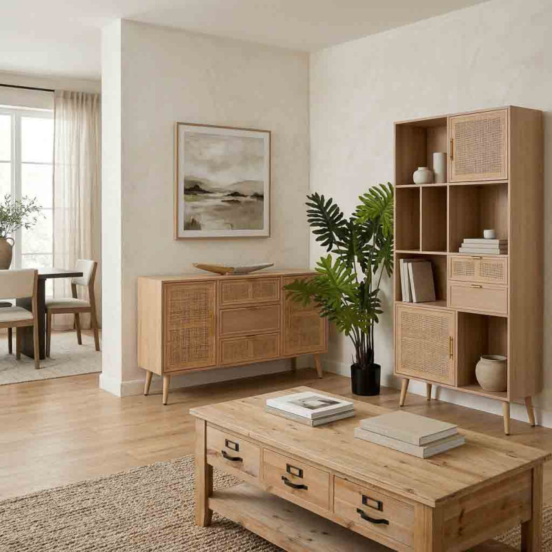 Bibliothèque cannage naturel finition bois clair 90x37x189 cm Zavero  - 2