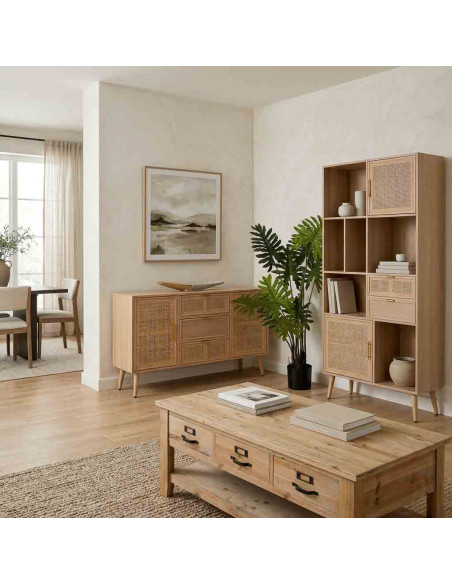 Bibliothèque cannage naturel finition bois clair 90x37x189 cm Zavero  - 2
