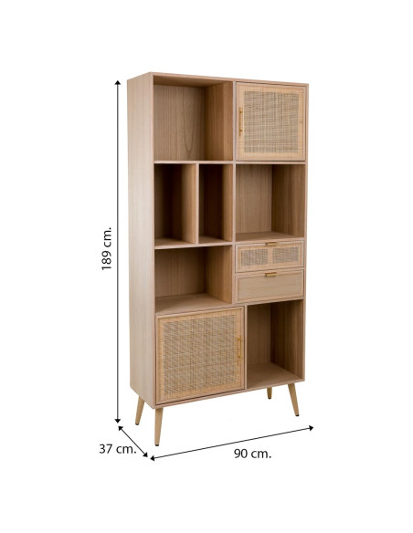 Bibliothèque cannage naturel finition bois clair 90x37x189 cm Zavero  - 9