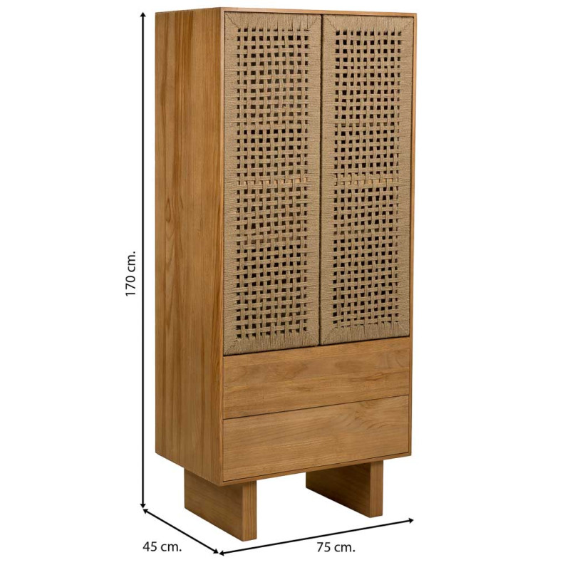 Armoire de rangement bois naturel et corde tressée 75x45x170 cm Marena  - 8