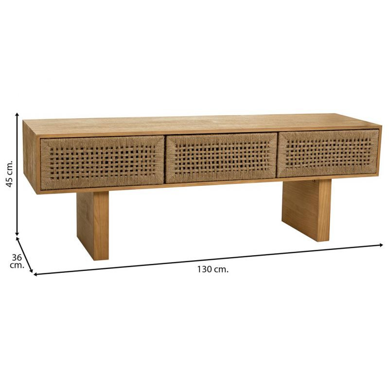Meuble TV bohème en bois naturel et corde tressée 130x36x45 cm Marena  - 7