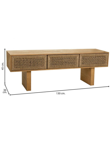 Meuble TV bohème en bois naturel et corde tressée 130x36x45 cm Marena  - 7