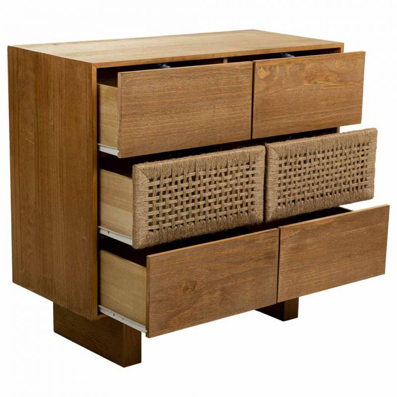 Commode 6 tiroirs bois naturel et corde tressée 80x36x75 cm Marena  - 3