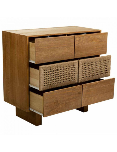 Commode 6 tiroirs bois naturel et corde tressée 80x36x75 cm Marena  - 3