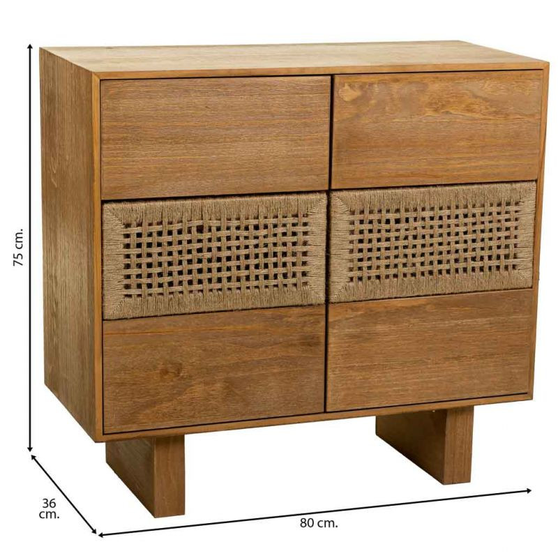 Commode 6 tiroirs bois naturel et corde tressée 80x36x75 cm Marena  - 8