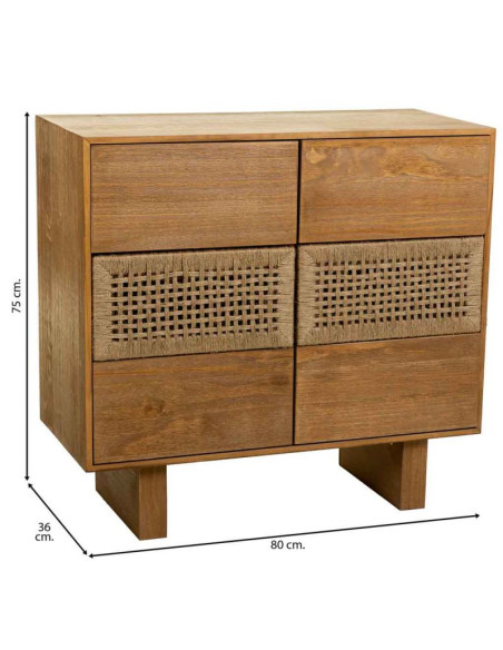 Commode 6 tiroirs bois naturel et corde tressée 80x36x75 cm Marena  - 8