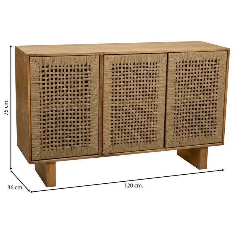 Buffet 3 portes bois naturel et corde tressée 120x36x75 cm Marena  - 8