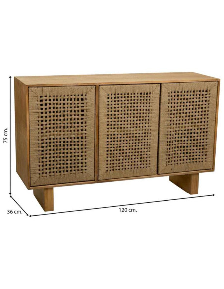 Buffet 3 portes bois naturel et corde tressée 120x36x75 cm Marena  - 8