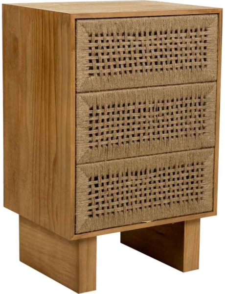 Table de chevet 3 tiroirs bois brun et corde 45x36x55 cm Marena  - 1