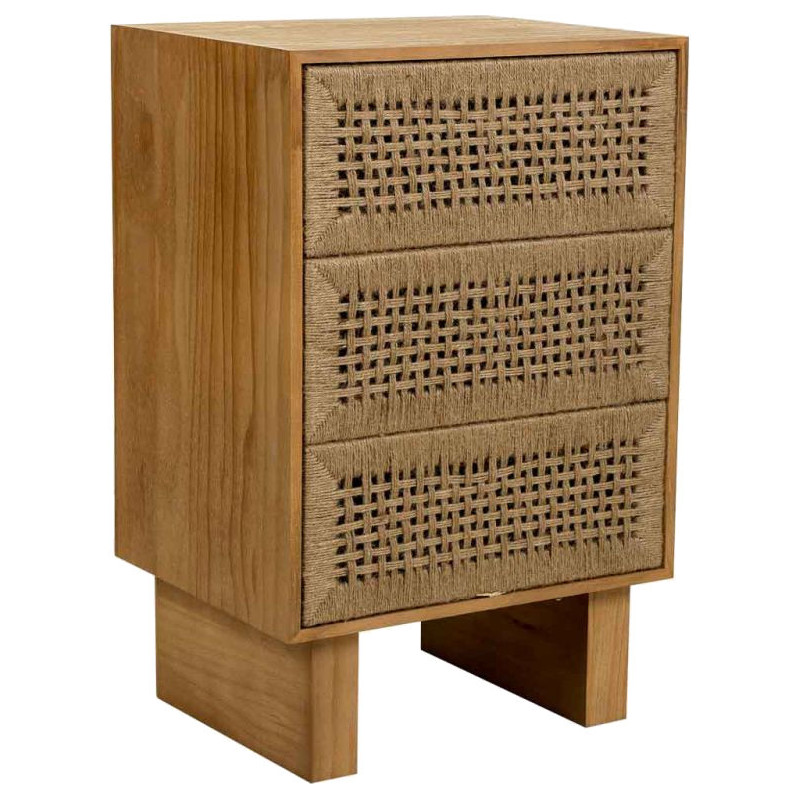 Table de chevet 3 tiroirs bois brun et corde 45x36x55 cm Marena  - 1