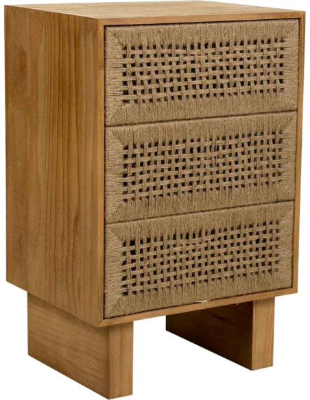 Table de chevet 3 tiroirs bois brun et corde 45x36x55 cm Marena  - 1