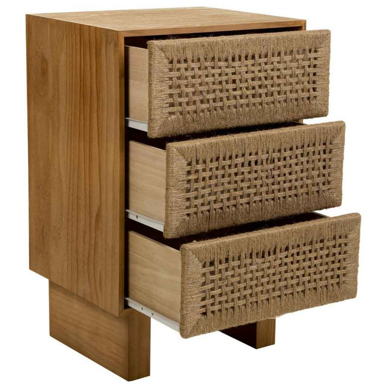 Table de chevet 3 tiroirs bois brun et corde 45x36x55 cm Marena  - 3