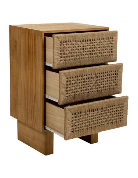 Table de chevet 3 tiroirs bois brun et corde 45x36x55 cm Marena  - 3