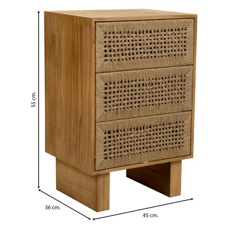 Table de chevet 3 tiroirs bois brun et corde 45x36x55 cm Marena  - 8