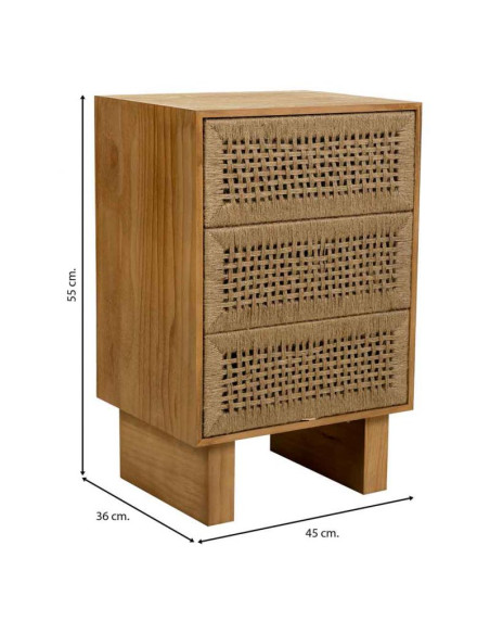 Table de chevet 3 tiroirs bois brun et corde 45x36x55 cm Marena  - 8
