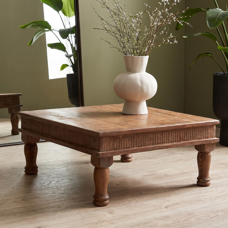 Table basse indienne carrée en bois recyclé brun 46x46x18 cm Factory Raw Materials - 2
