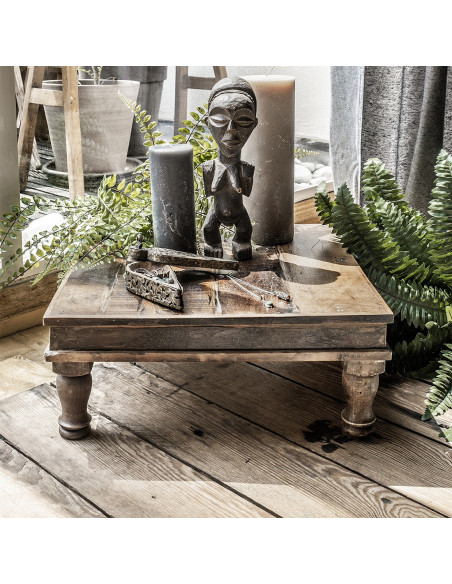 Table basse indienne carrée en bois recyclé brun 46x46x18 cm Factory Raw Materials - 8