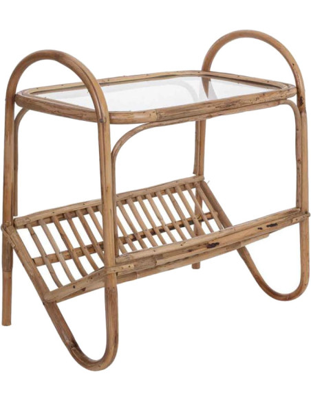 Table d'appoint bohème en canne brune et verre 45x30x50 cm Herena  - 1