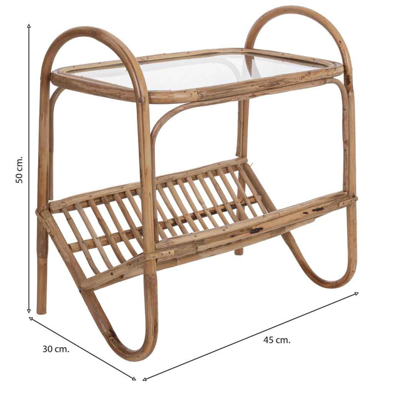 Table d'appoint bohème en canne brune et verre 45x30x50 cm Herena  - 6