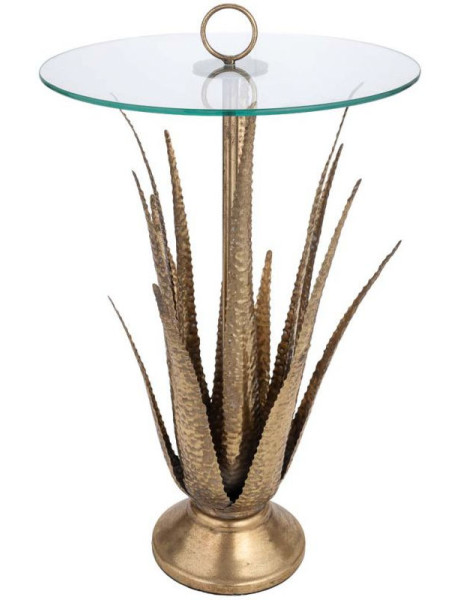Table d'appoint haute Art déco en fer doré antique et verre 50x50x85 cm Cirela  - 1