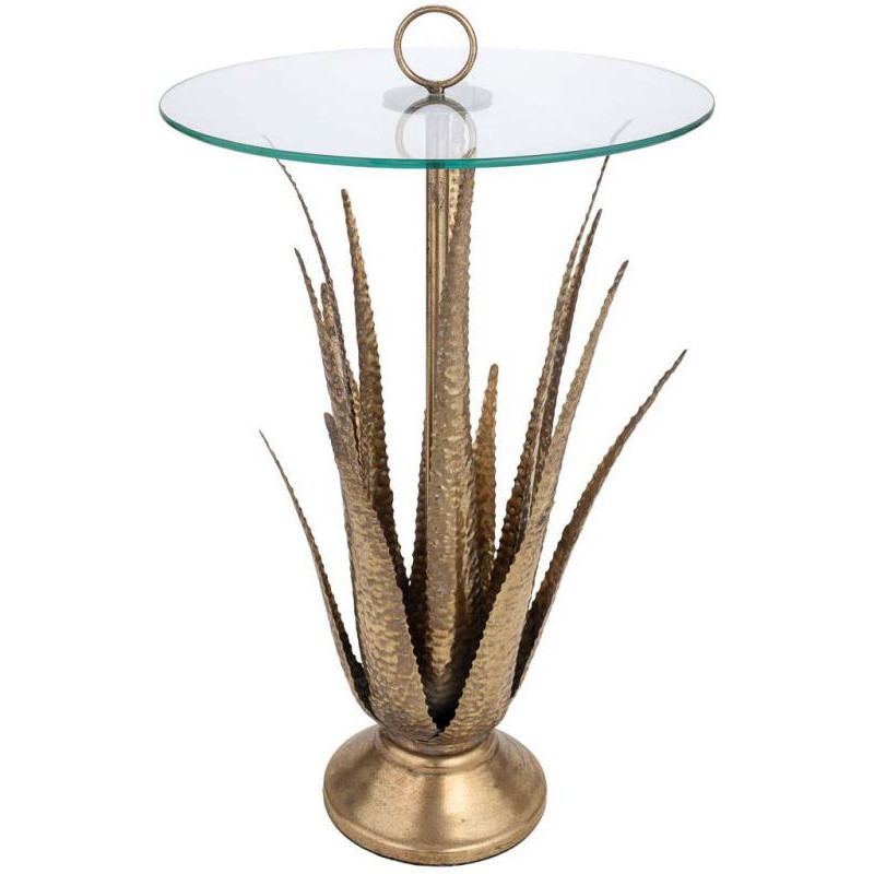Table d'appoint haute Art déco en fer doré antique et verre 50x50x85 cm Cirela  - 1