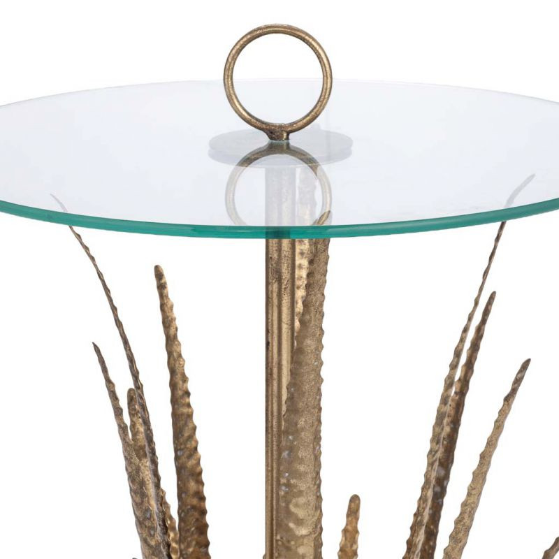 Table d'appoint haute Art déco en fer doré antique et verre 50x50x85 cm Cirela  - 4