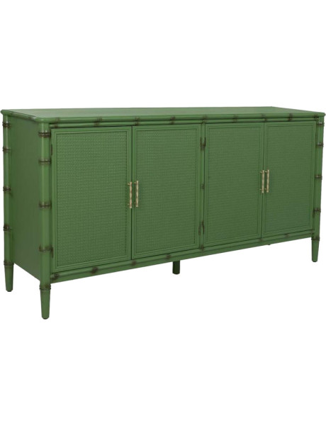 Buffet 4 portes Art déco vert à façades en rotin 178,5x45,5x89 cm Delaruna  - 1