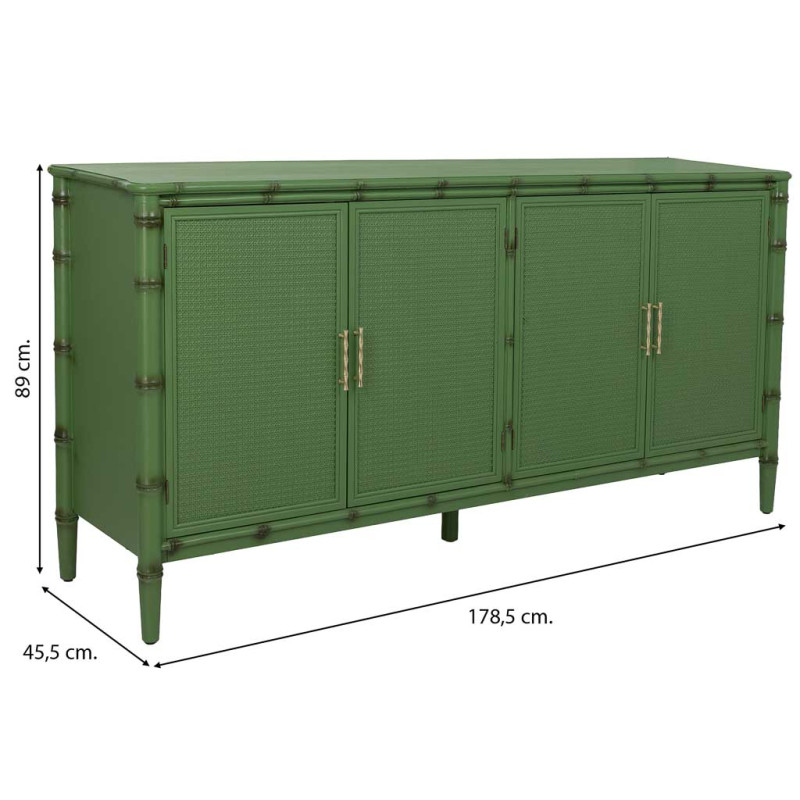 Buffet 4 portes Art déco vert à façades en rotin 178,5x45,5x89 cm Delaruna  - 8