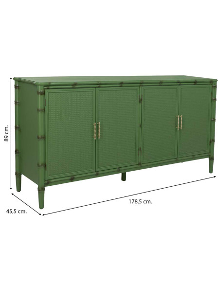 Buffet 4 portes Art déco vert à façades en rotin 178,5x45,5x89 cm Delaruna  - 8