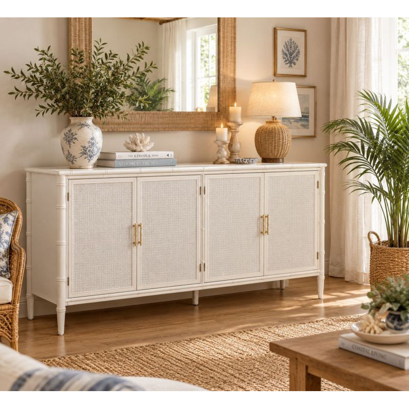 Buffet 4 portes blanc et rotin 178,5x45,5x89 cm Delaruna  - 2