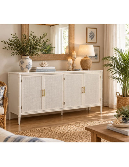 Buffet 4 portes blanc et rotin 178,5x45,5x89 cm Delaruna  - 2