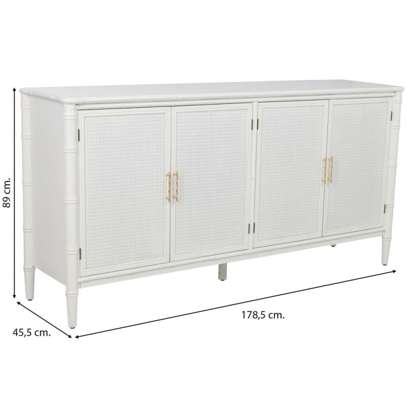 Buffet 4 portes blanc et rotin 178,5x45,5x89 cm Delaruna  - 9