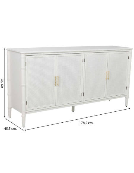 Buffet 4 portes blanc et rotin 178,5x45,5x89 cm Delaruna  - 9