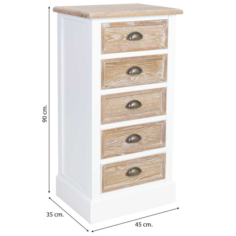 Chiffonnier 5 tiroirs blanc et bois patiné 45x35x90 cm Votin  - 9