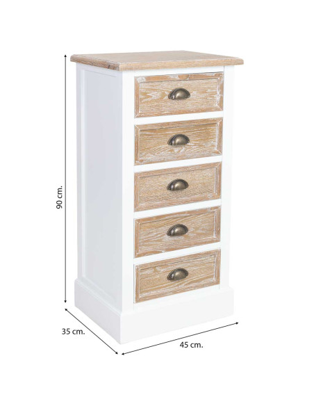 Chiffonnier 5 tiroirs blanc et bois patiné 45x35x90 cm Votin  - 9
