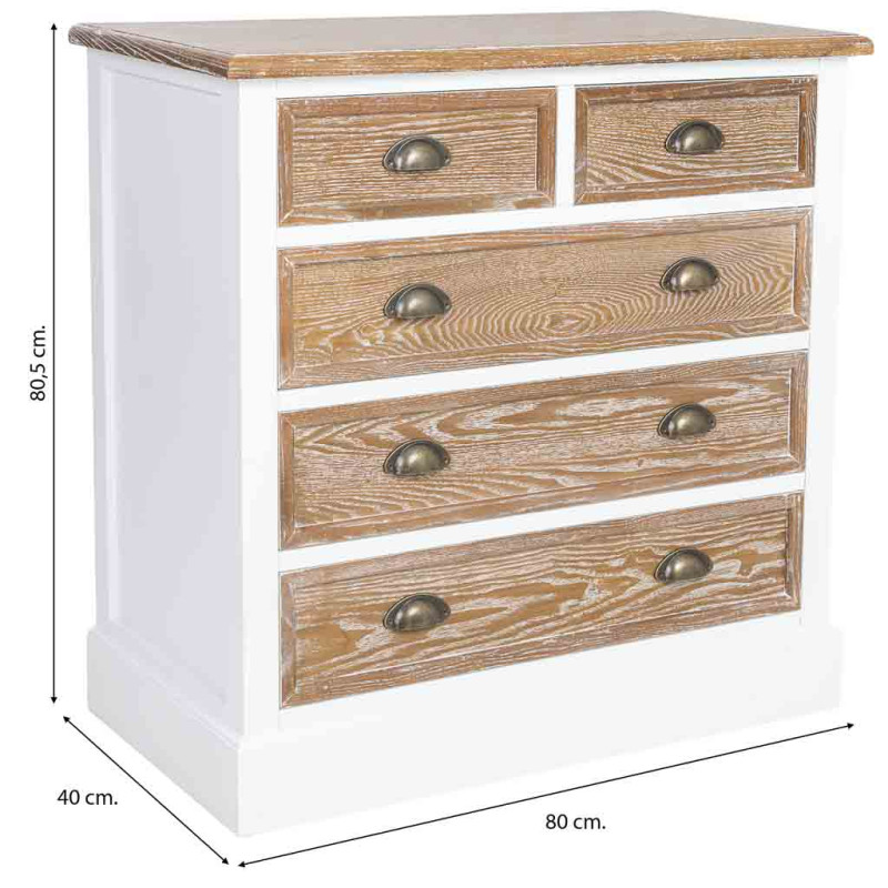Commode 5 tiroirs blanc et bois patiné 80x40x80,5 cm Votin  - 9