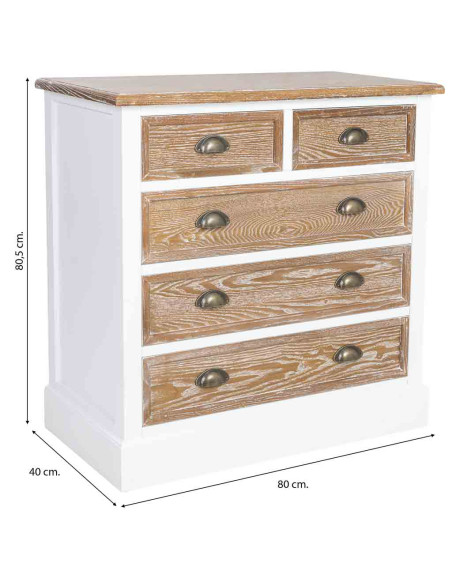 Commode 5 tiroirs blanc et bois patiné 80x40x80,5 cm Votin  - 9