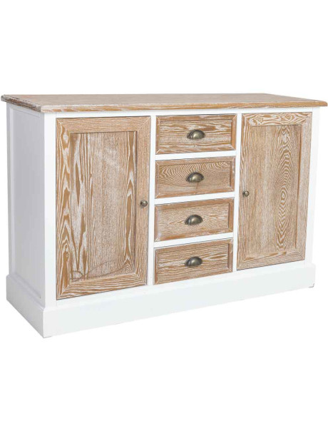 Buffet bas 2 portes 4 tiroirs blanc et bois patiné 124x40x80 cm Votin  - 1