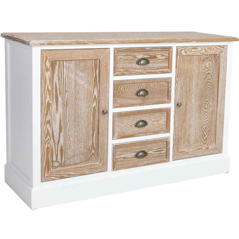 Buffet bas 2 portes 4 tiroirs blanc et bois patiné 124x40x80 cm Votin  - 1
