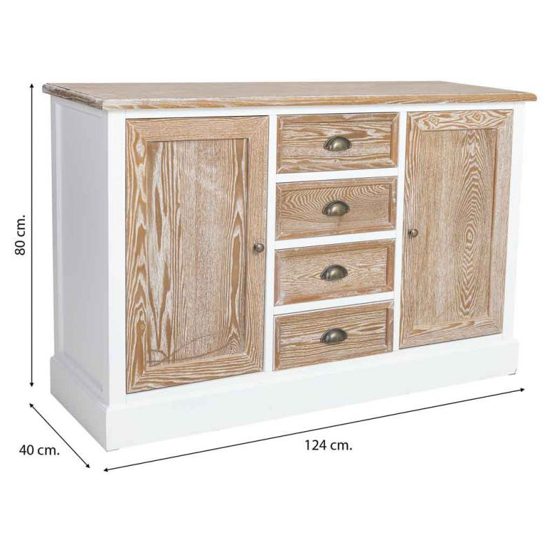 Buffet bas 2 portes 4 tiroirs blanc et bois patiné 124x40x80 cm Votin  - 12