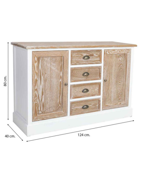 Buffet bas 2 portes 4 tiroirs blanc et bois patiné 124x40x80 cm Votin  - 12