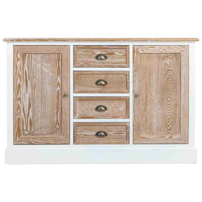 Buffet bas 2 portes 4 tiroirs blanc et bois patiné 124x40x80 cm Votin  - 3