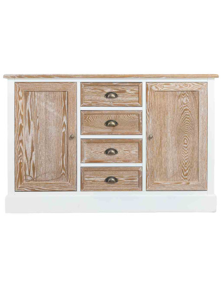 Buffet bas 2 portes 4 tiroirs blanc et bois patiné 124x40x80 cm Votin  - 3