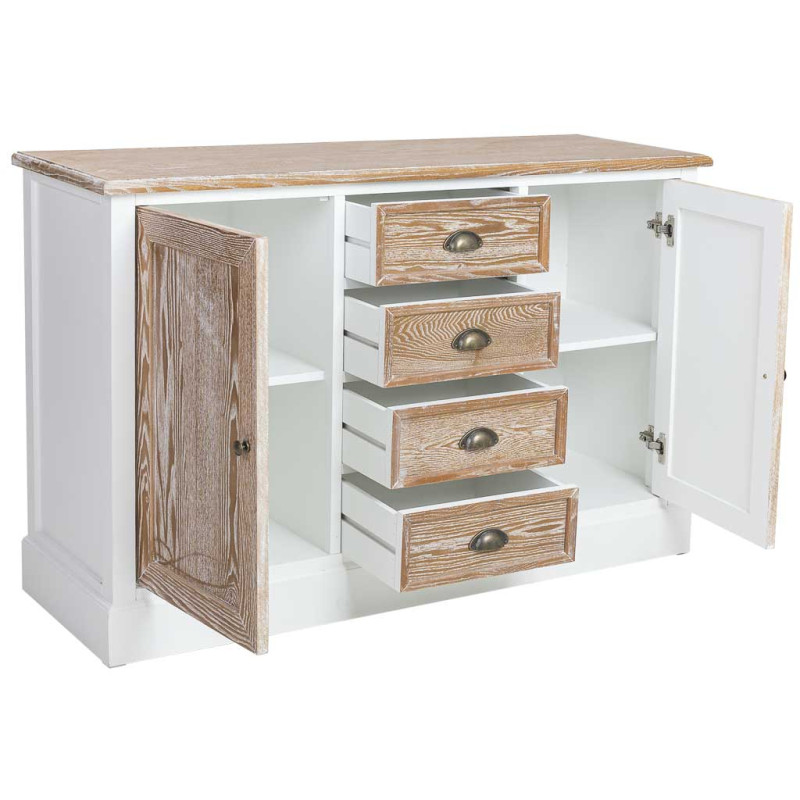 Buffet bas 2 portes 4 tiroirs blanc et bois patiné 124x40x80 cm Votin  - 4