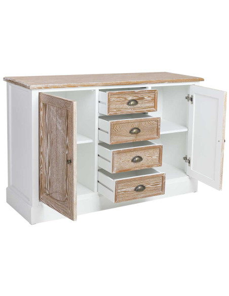 Buffet bas 2 portes 4 tiroirs blanc et bois patiné 124x40x80 cm Votin  - 4