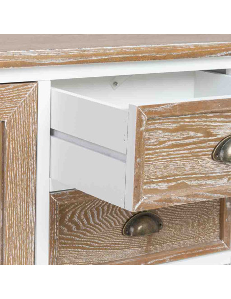 Buffet bas 2 portes 4 tiroirs blanc et bois patiné 124x40x80 cm Votin  - 6