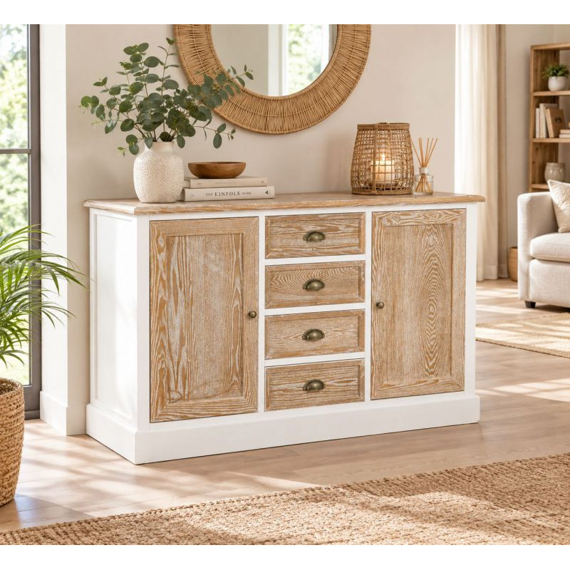 Buffet bas 2 portes 4 tiroirs blanc et bois patiné 124x40x80 cm Votin  - 2
